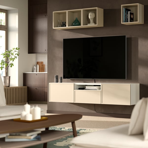 BESTÅ Mueble TV, blanco/Krukmakare beige, 180x42x39 cm