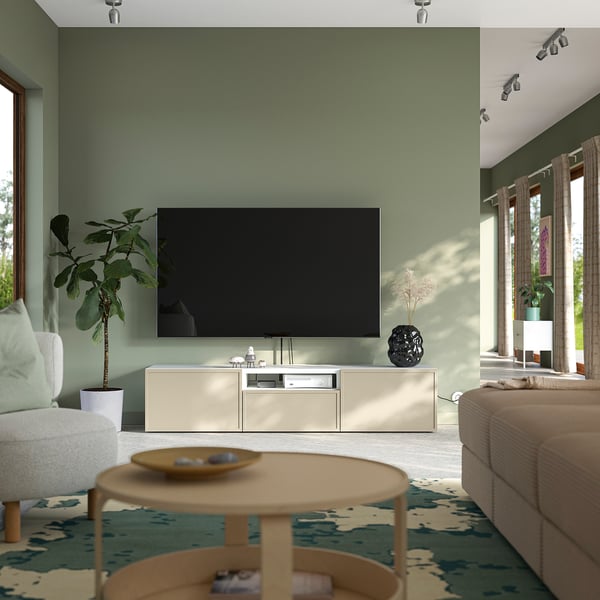 BESTÅ Mueble TV, blanco/Krukmakare beige, 180x42x39 cm
