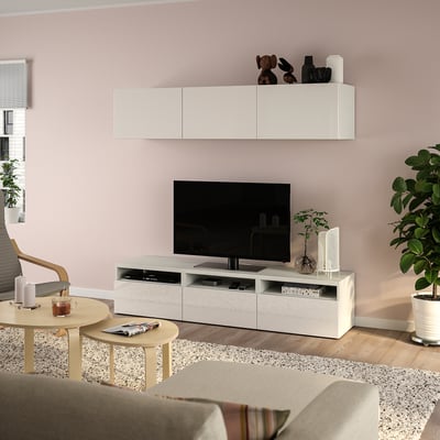 BESTÅ Mueble TV, blanco/Selsviken Alto brillo/blanco, 180x42x185 cm