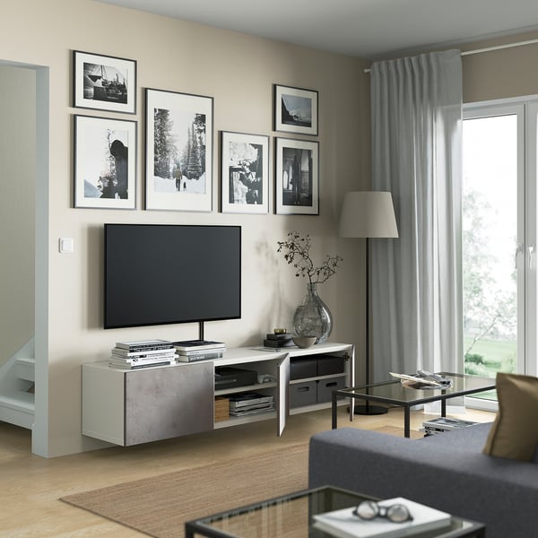 BESTÅ Mueble TV con puertas, blanco/Kallviken gris claro, 180x42x38 cm
