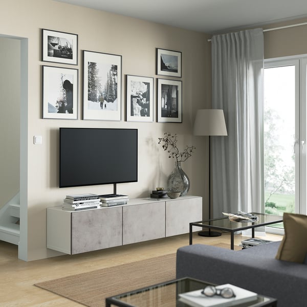 BESTÅ Mueble TV con puertas, blanco/Kallviken gris claro, 180x42x38 cm