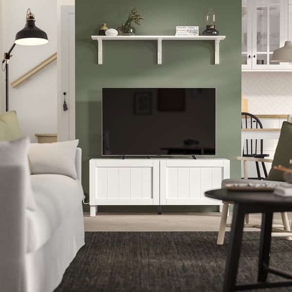 BESTÅ Mueble TV con puertas, blanco/Pipmakare blanco, 120x42x48 cm