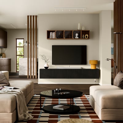BESTÅ Mueble TV con puertas, negro con café/Lappviken negro con café, 240x42x38 cm