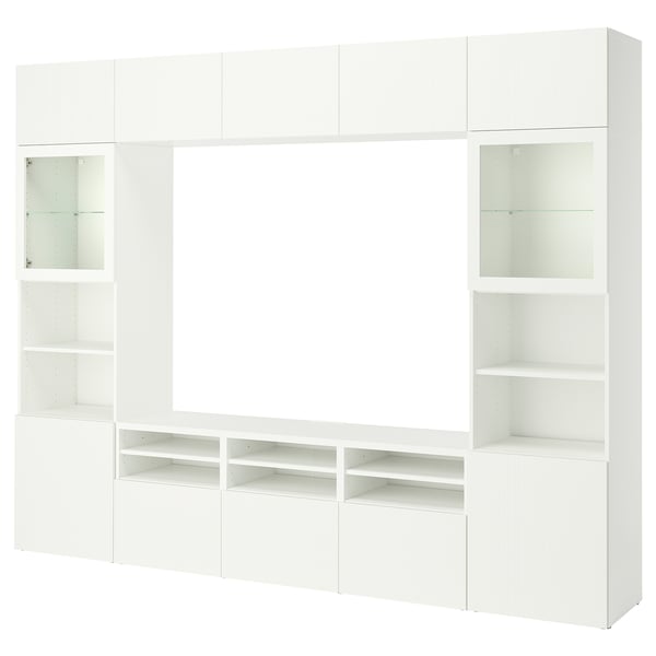 BESTÅ Mueble TV puertas vidrio, blanco/Förvaltare blanco, 300x42x231 cm