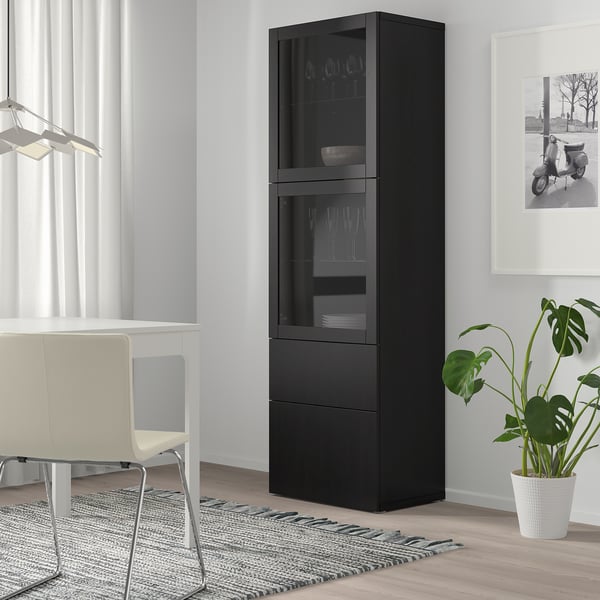 BESTÅ Vitrina, negro con café/Lappviken negro vidrio transparente, 60x42x193 cm
