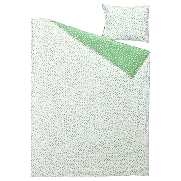 BJÖRKGRÅMAL Funda de plumón y funda almohada, verde blanco/Lunares, 150x200/50x60 cm