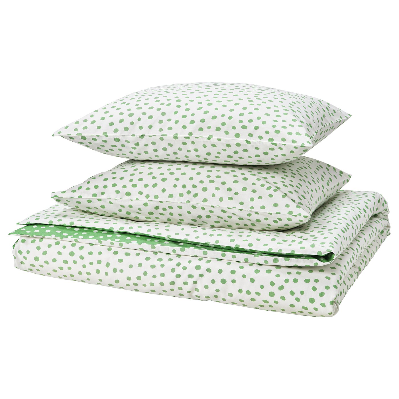 BJÖRKGRÅMAL Funda plumón con 2 fundas almohada, verde blanco/Lunares, 240x220/50x60 cm