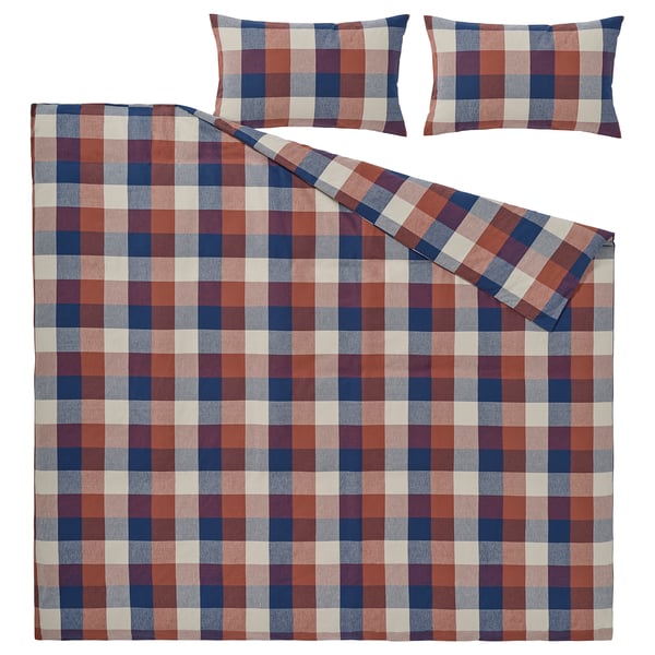 BLÅSENAP Funda plumón con 2 fundas almohada, multicolor/A cuadros, 240x220/50x60 cm