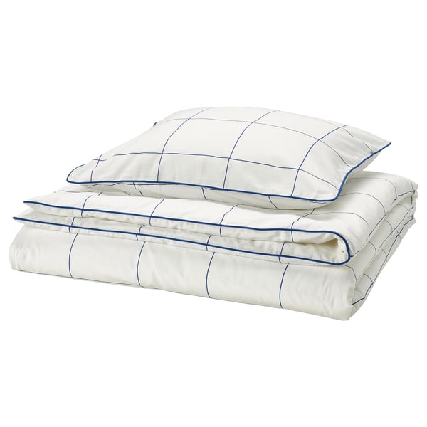 BREDVECKLARE Funda de plumón y funda almohada, blanco azul/A cuadros, 150x200/50x60 cm