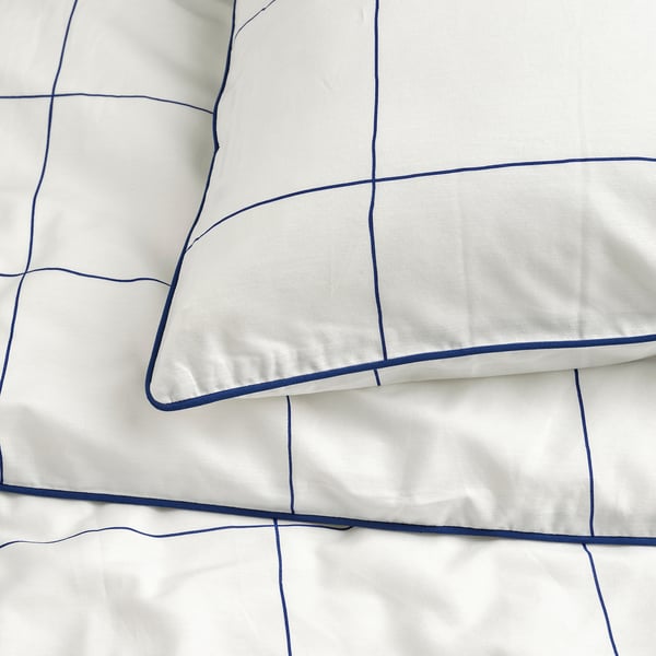 BREDVECKLARE Funda de plumón y funda almohada, blanco azul/A cuadros, 150x200/50x60 cm