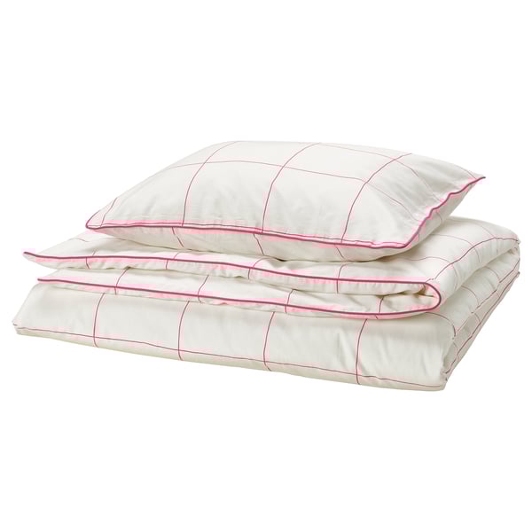 BREDVECKLARE Funda de plumón y funda almohada, blanco rosado/A cuadros, 150x200/50x60 cm
