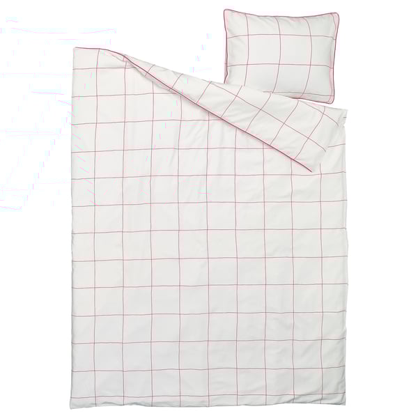 BREDVECKLARE Funda de plumón y funda almohada, blanco rosado/A cuadros, 150x200/50x60 cm