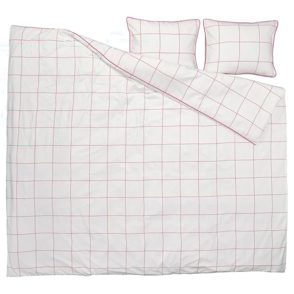 BREDVECKLARE Funda plumón con 2 fundas almohada, blanco rosado/A cuadros, 240x220/50x60 cm