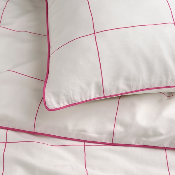 BREDVECKLARE Funda plumón con 2 fundas almohada, blanco rosado/A cuadros, 240x220/50x60 cm