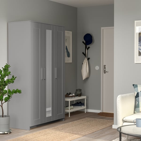 BRIMNES Clóset con 3 puertas, gris, 117x50x190 cm