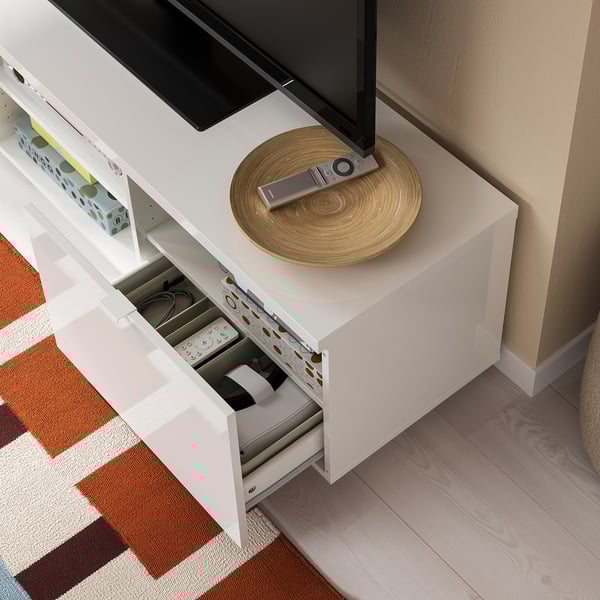 BYÅS Mueble TV, Alto brillo blanco, 160x42x45 cm