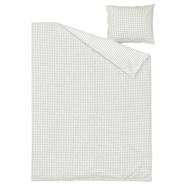 DOFTAKLEJA Funda de plumón y funda almohada, blanco/gris oscuro, 150x200/50x60 cm