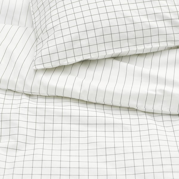 DOFTAKLEJA Funda de plumón y funda almohada, blanco/gris oscuro, 150x200/50x60 cm