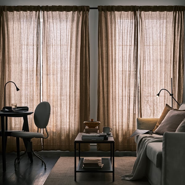 DYTÅG Cortinas, 1 par, beige oscuro/con cinta de fruncir, 145x250 cm