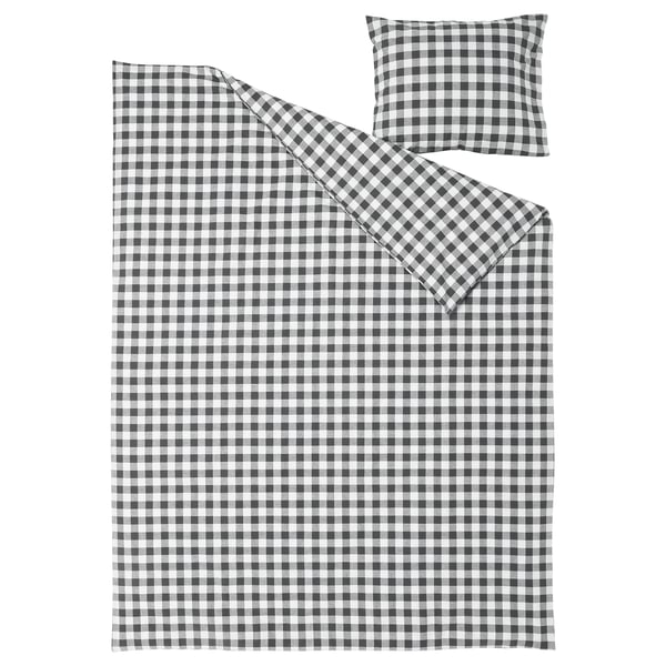 EKTANDVINGE Funda de plumón y funda almohada, gris oscuro blanco/A cuadros, 150x200/50x60 cm