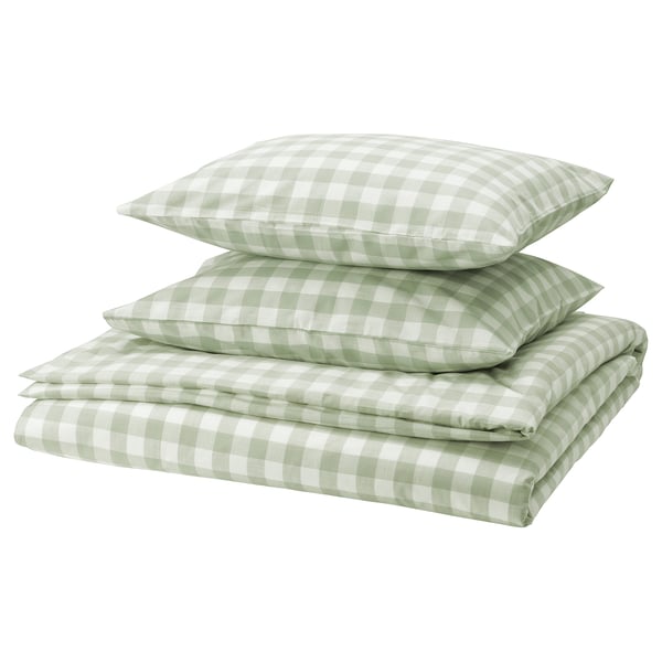 EKTANDVINGE Funda plumón con 2 fundas almohada, gris con verde claro blanco/A cuadros, 240x220/50x60 cm