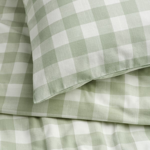 EKTANDVINGE Funda plumón con 2 fundas almohada, gris con verde claro blanco/A cuadros, 240x220/50x60 cm