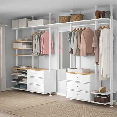 ELVARLI Combinación de clóset, blanco/bambú, 385x51x222-350 cm