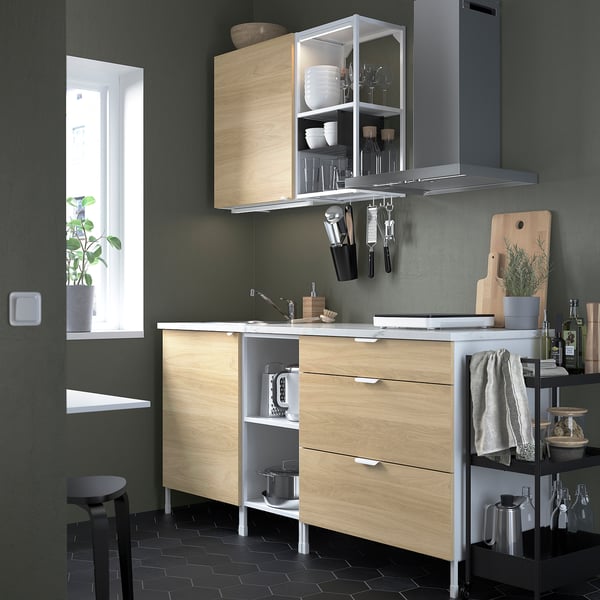 ENHET Cocina, blanco/Efecto roble, 183x63.5x222 cm