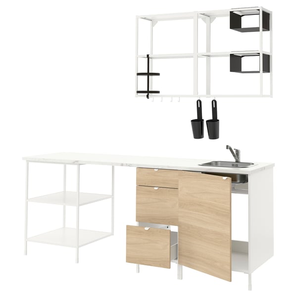 ENHET Cocina, blanco/Efecto roble, 223x63.5x222 cm