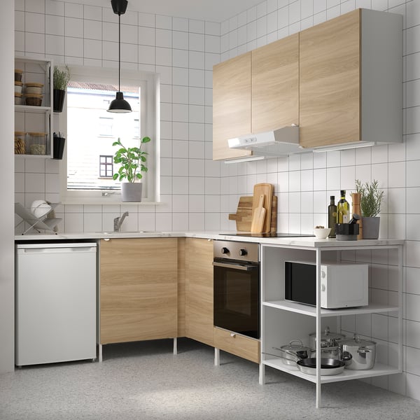 ENHET Cocina de esquina, blanco/Efecto roble