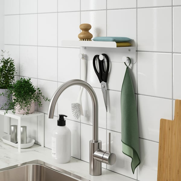 ENUDDEN Estante de pared con 3 ganchos, blanco, 30x8 cm