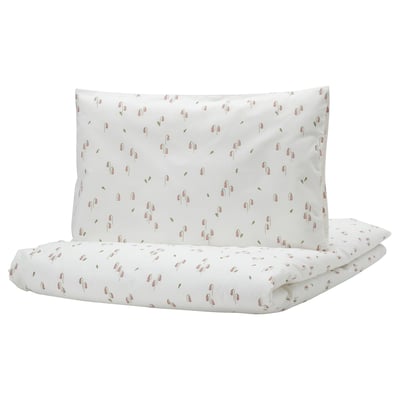GULDVÄVARE Funda plumón y funda almohada cuna, blanco/floral, 110x125/35x55 cm