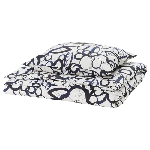HÄRLIR Funda de plumón y funda almohada, blanco negro/azul floral, 150x200/50x60 cm