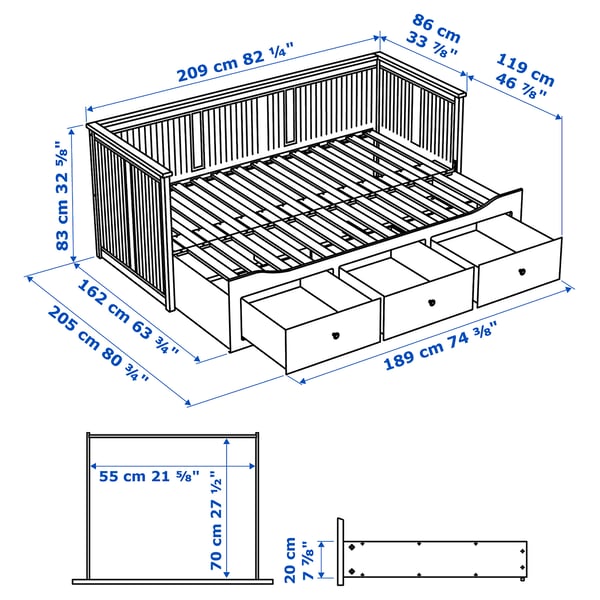 HEMNES Daybed con 3 cajones y 2 colchones, verde grisáceo/Vannareid Firme, 80x200 cm