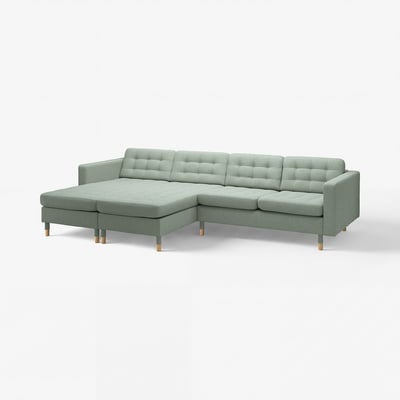 LANDSKRONA Sofá de 4 puestos con chaiselongues, Gunnared verde claro con madera