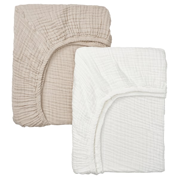 LEN Sábana ajustable para cuna, blanco beige/muselina, 60x120 cm