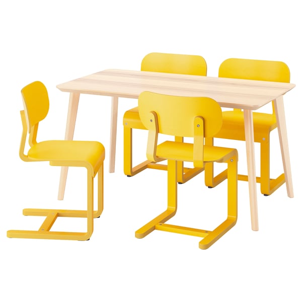 LISABO / LYCKAN Juego de comedor 4 puestos, Chapa fresno/amarillo Chapa abedul, 140x78 cm