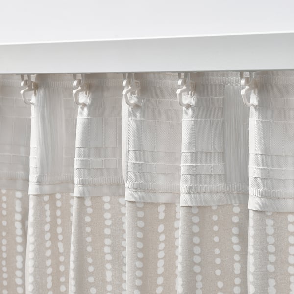 MÄSTERROT Cortinas, 1 par, beige con blanco lunar/con cinta de fruncir, 145x250 cm