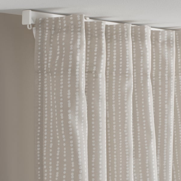 MÄSTERROT Cortinas, 1 par, beige con blanco lunar/con cinta de fruncir, 145x250 cm