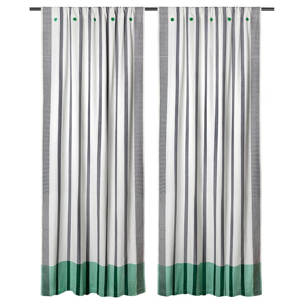 MÄVINN Cortinas, 1 par, negro con blanco/Raya verde, 110x250 cm