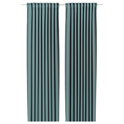 MAJGULL Cortinas oscurecedoras, 1 par, gris oscuro con turquesa/con cinta de fruncir, 145x250 cm