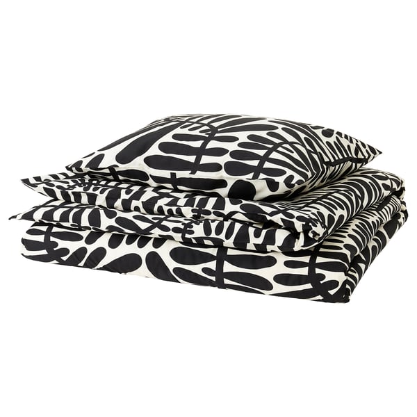 MAJSMOTT Funda de plumón y funda almohada, blanco hueso/negro, 150x200/50x60 cm