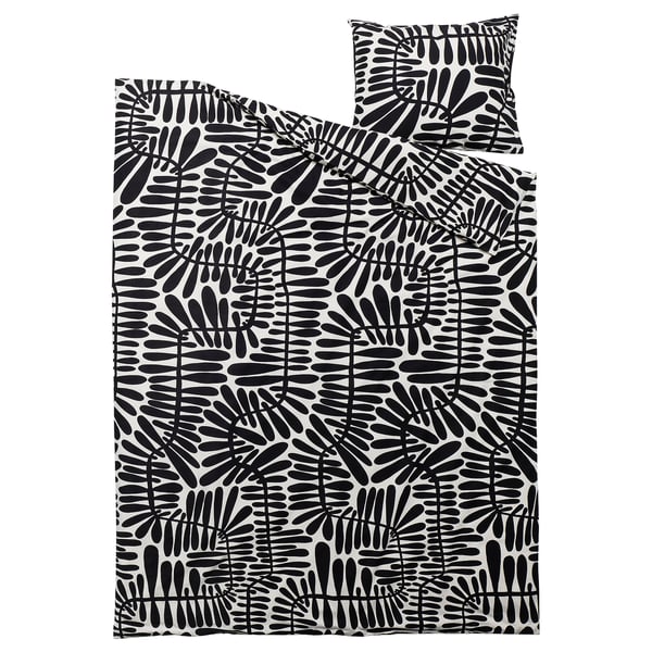 MAJSMOTT Funda de plumón y funda almohada, blanco hueso/negro, 150x200/50x60 cm