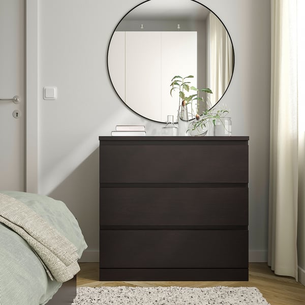 MALM Cómoda de 3 cajones, negro con café, 80x78 cm