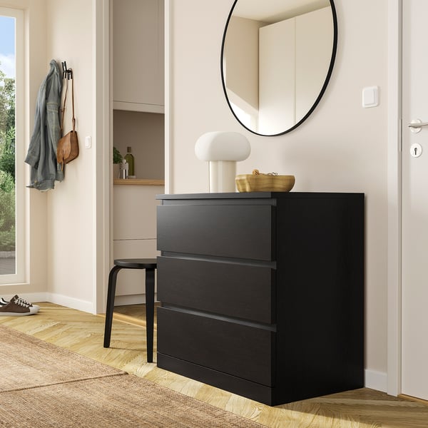MALM Cómoda de 3 cajones, negro con café, 80x78 cm