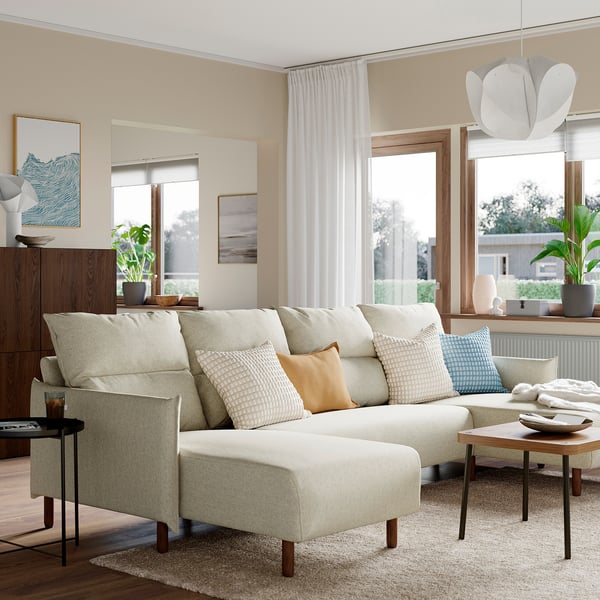 MANNARP Sofá de 4 puestos con chaiselongues, Gunnared beige