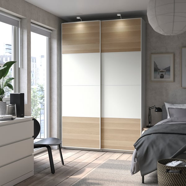 MEHAMN Puertas corredizas, 2 unidades, Ambos lados/Efecto roble tinte blanco blanco, 150x236 cm
