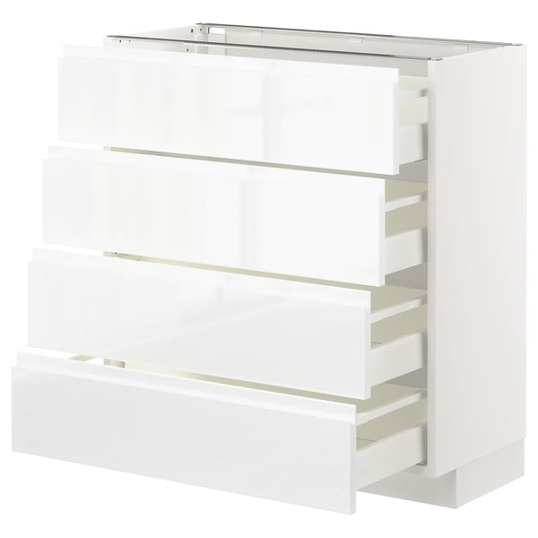 METOD / MAXIMERA Armario bajo cocina con 4 cajones, blanco/Voxtorp Alto brillo/blanco, 80x37 cm