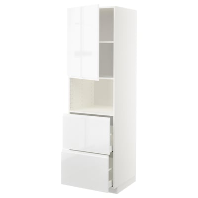 METOD / MAXIMERA Mueble microondas +2 cajones+puerta, blanco/Voxtorp Alto brillo/blanco, 60x60x200 cm