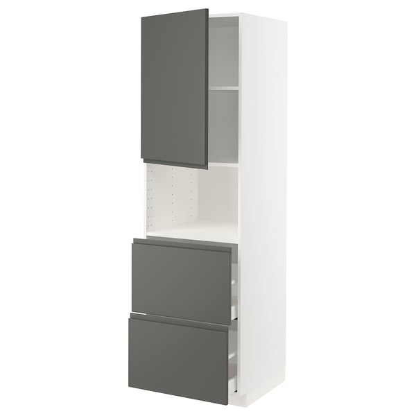 METOD / MAXIMERA Mueble microondas +2 cajones+puerta, blanco/Voxtorp gris oscuro, 60x60x200 cm